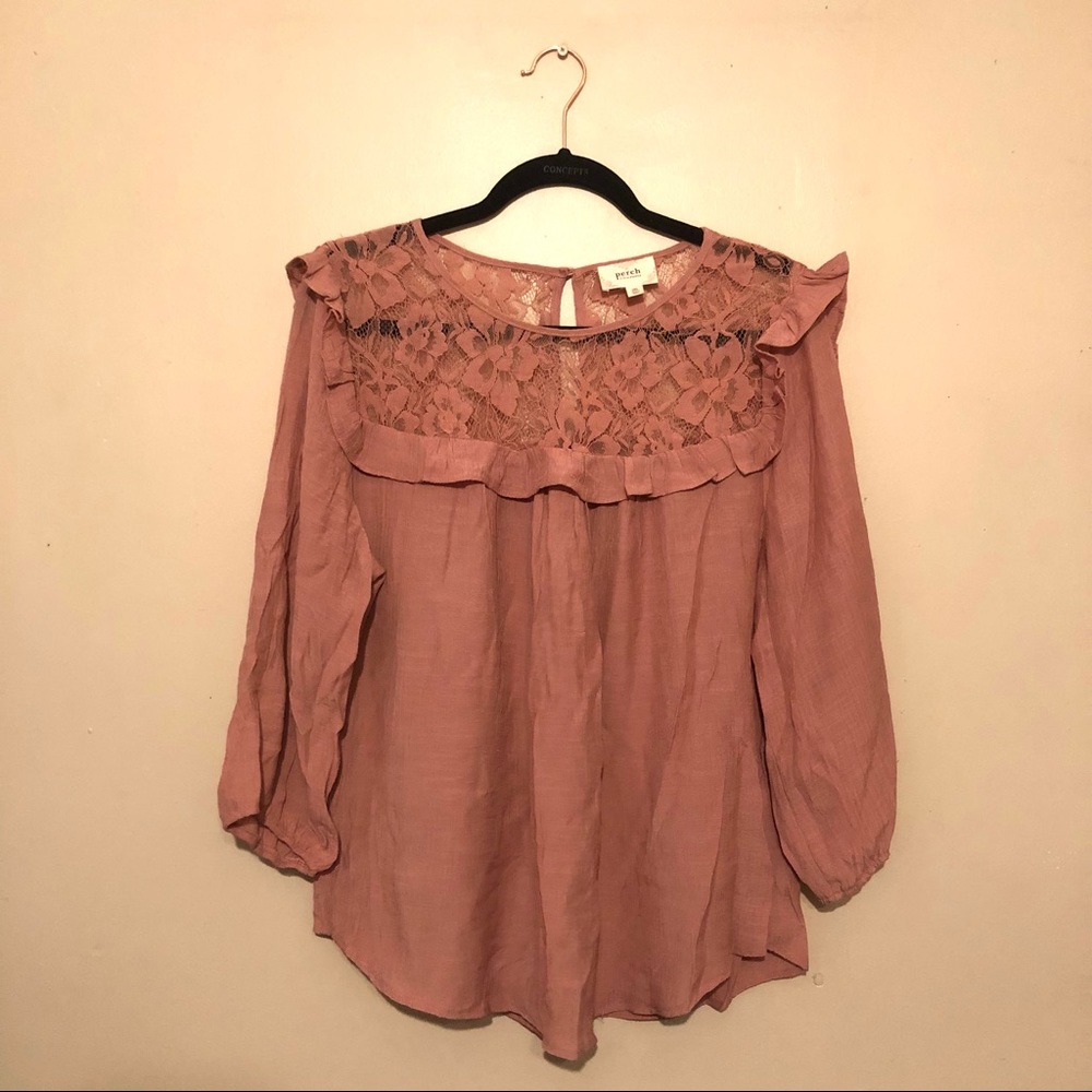 Plus Ruffle Mid-Sleeve Peasant Top in Taupe
